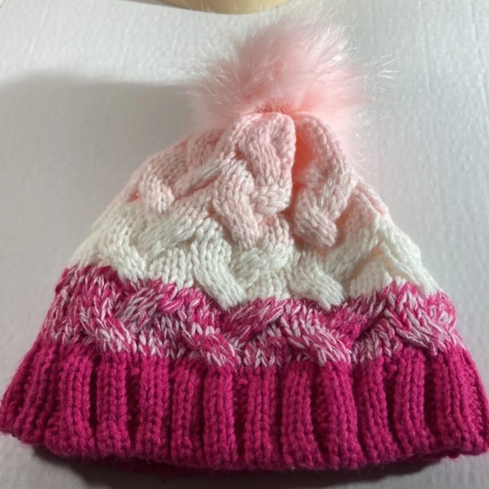 Girls Wonder Nation Pink Fleece Lined Knit Faux Fur Pom Hat